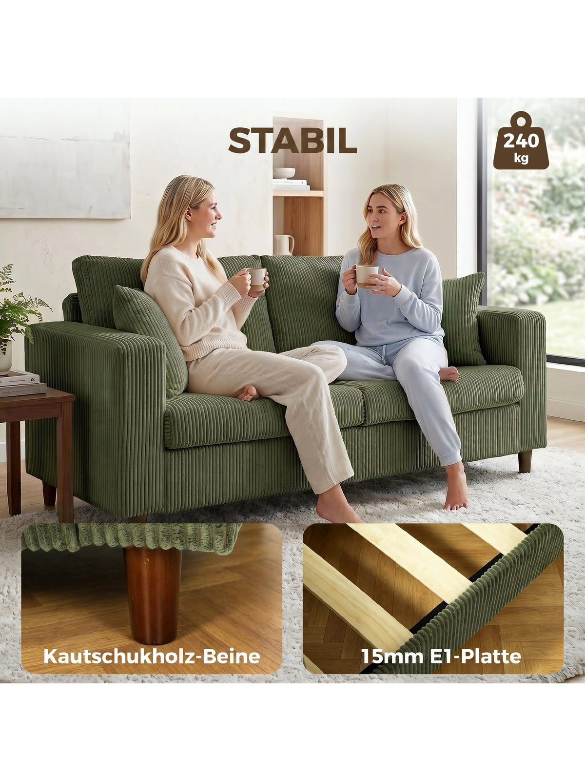 Grünes Cord Sofa 170 cm im Wohnzimmer