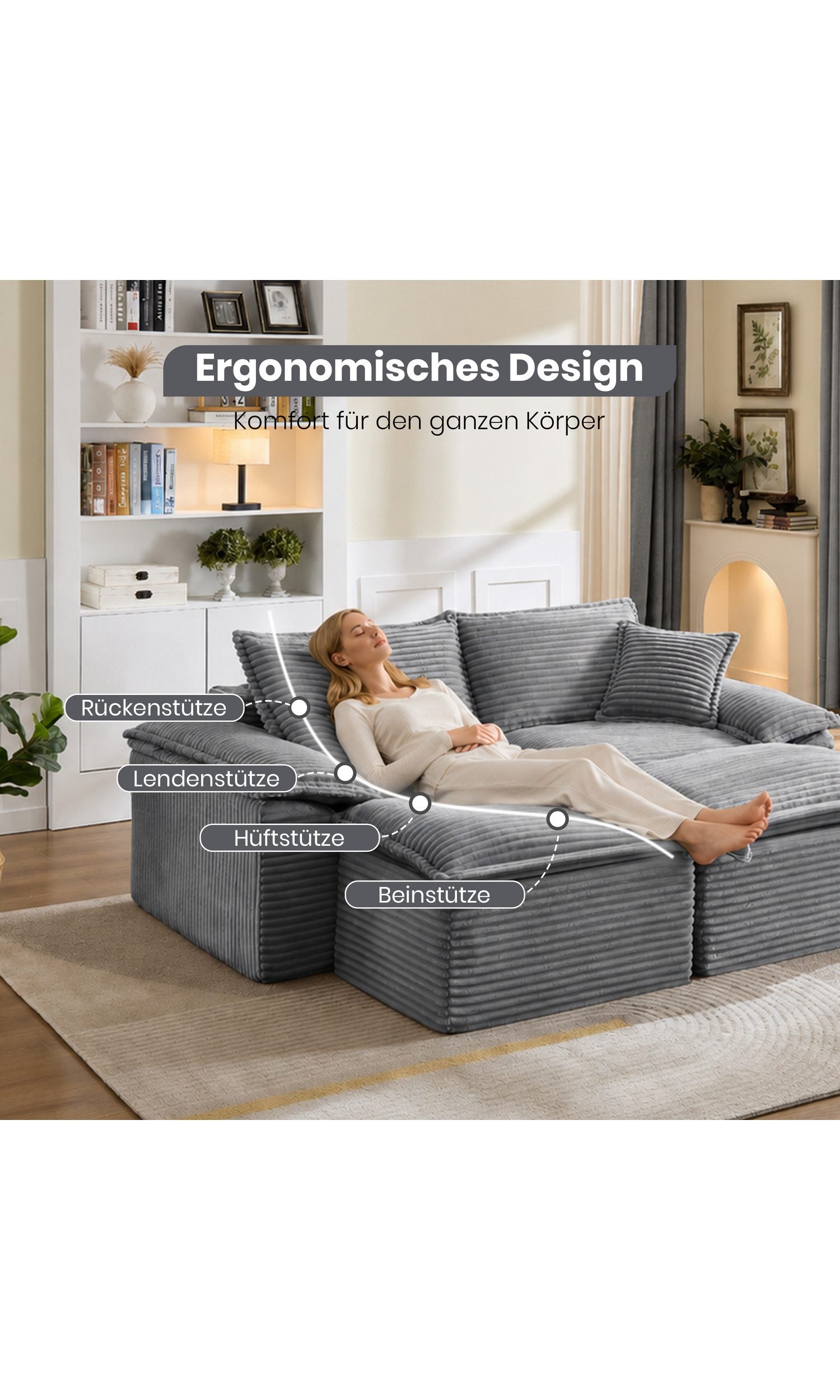 Verbreiterte Armlehnen des Cord Schlafsofas BODENSOFA