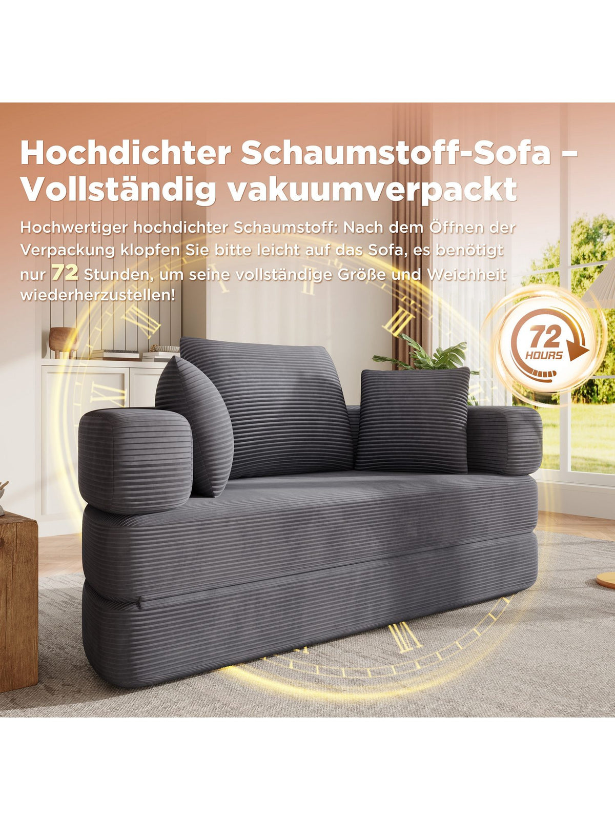 Cord Schlafsofa aufgeklappt als ovale Liegefläche