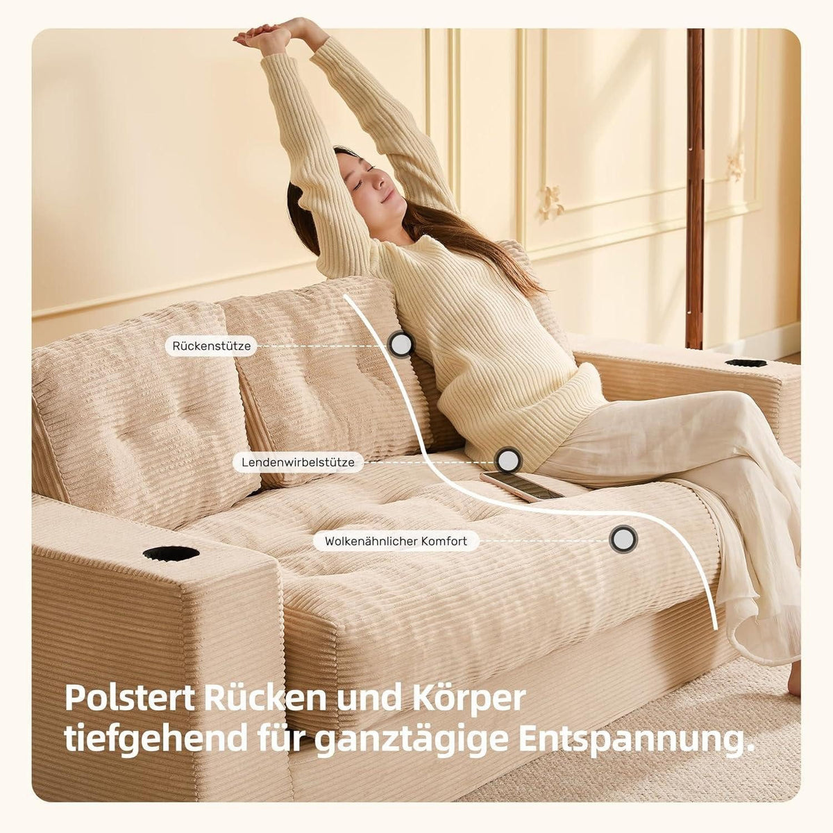 Detail des gerippten Cordstoffs in Hellbraun