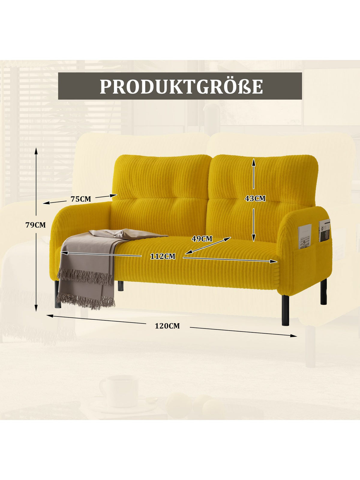 Metallfuesse des gelben Cord Sofas