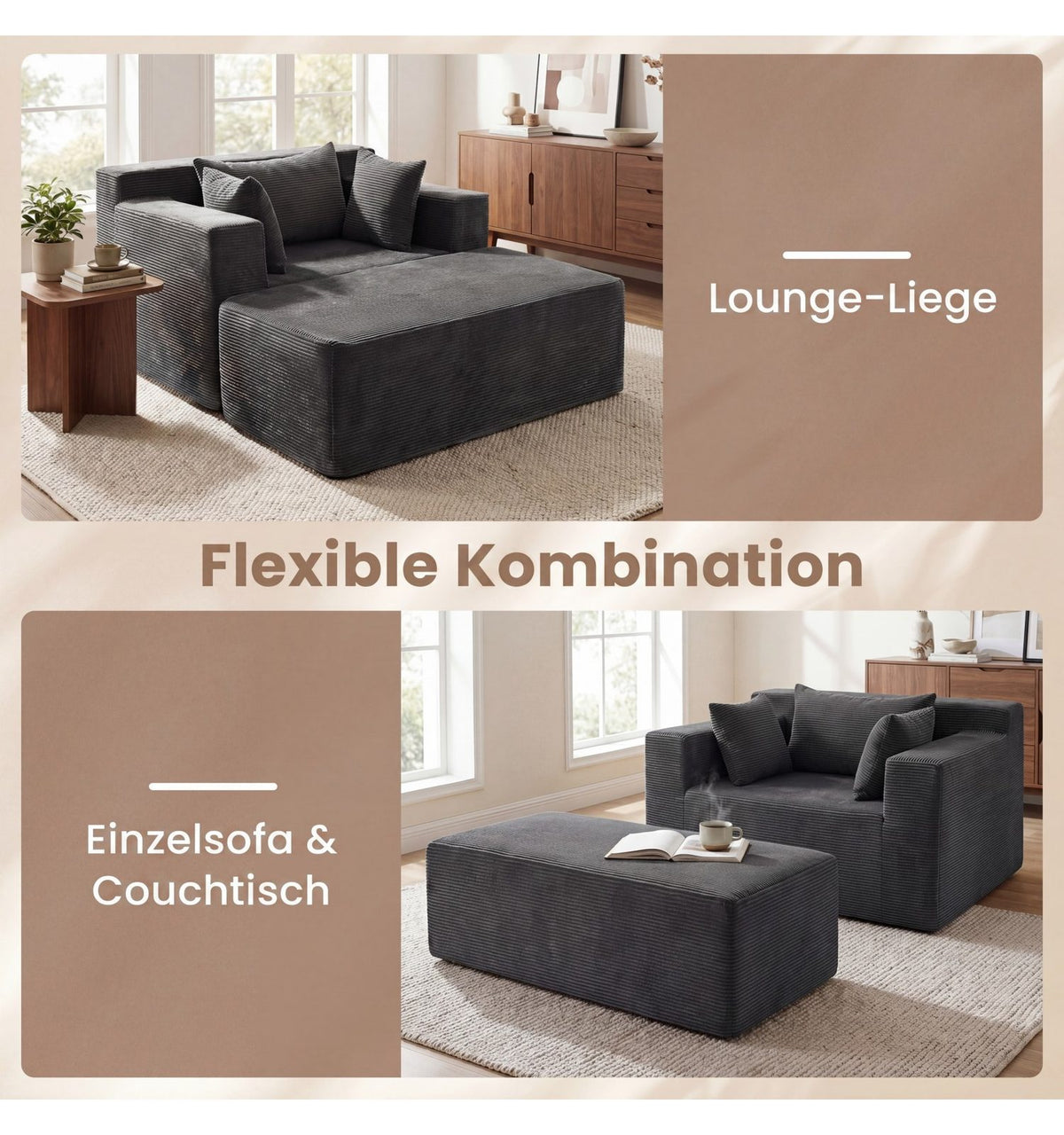 Cord Schlafsofa in Grau mit drei Kissen