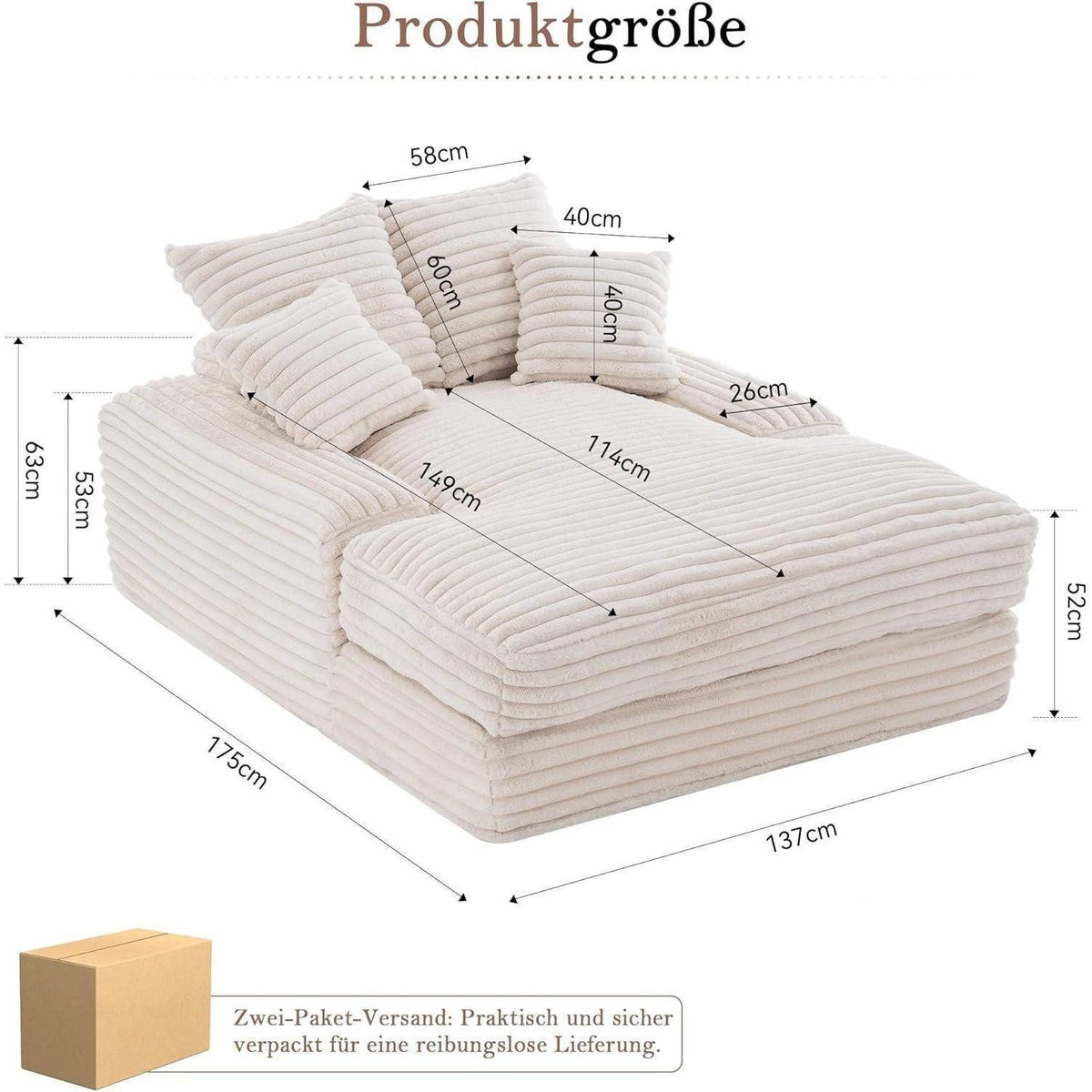 Cord Schlafsofa in Beige mit vier Kissen frontale Ansicht