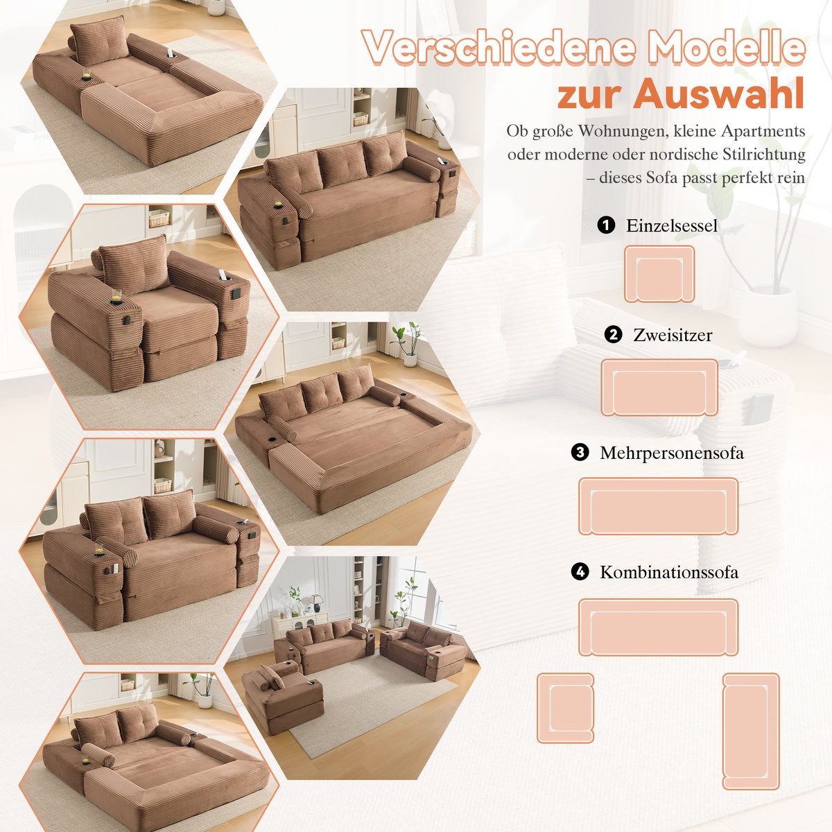 Cord Klappsofa in Khaki im kleinen Wohnzimmer