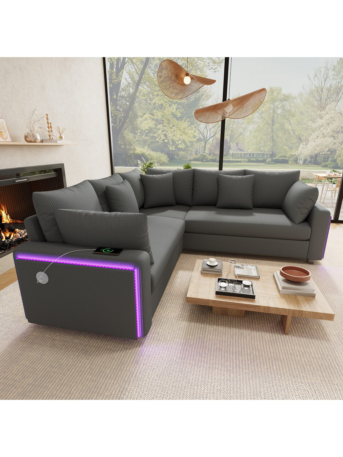Graues Cord Ecksofa mit LED-Beleuchtung in der Armlehne