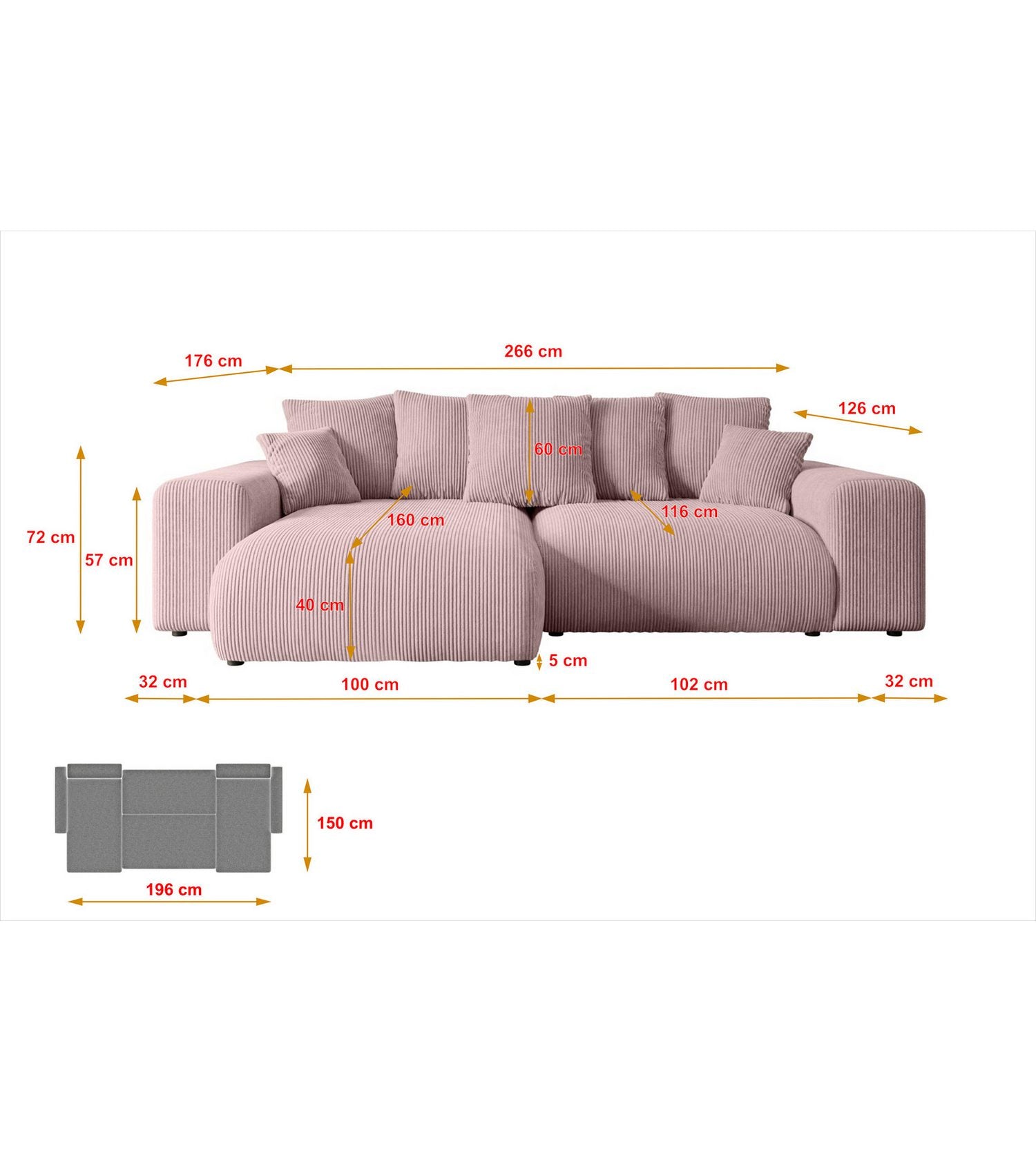 Cord Ecksofa ESKAR-L in Rosa im Wohnzimmer