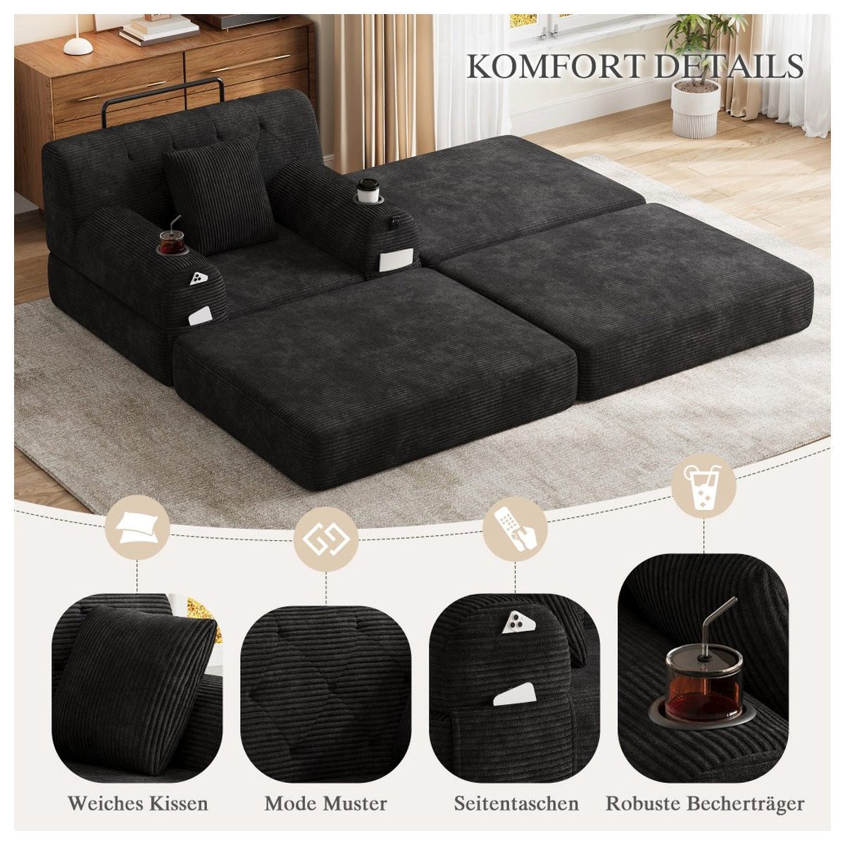 Cord Sofa in Schwarz von vorne