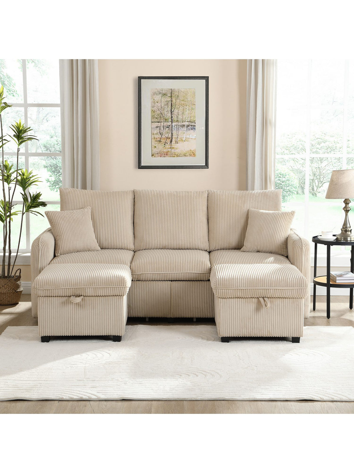 Beiges Cord Ecksofa in L-Form von vorne