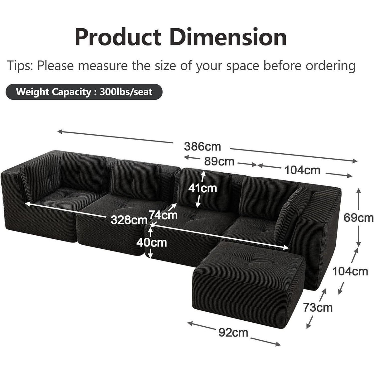 Schwarzes modulares Cord Ecksofa in L-Form