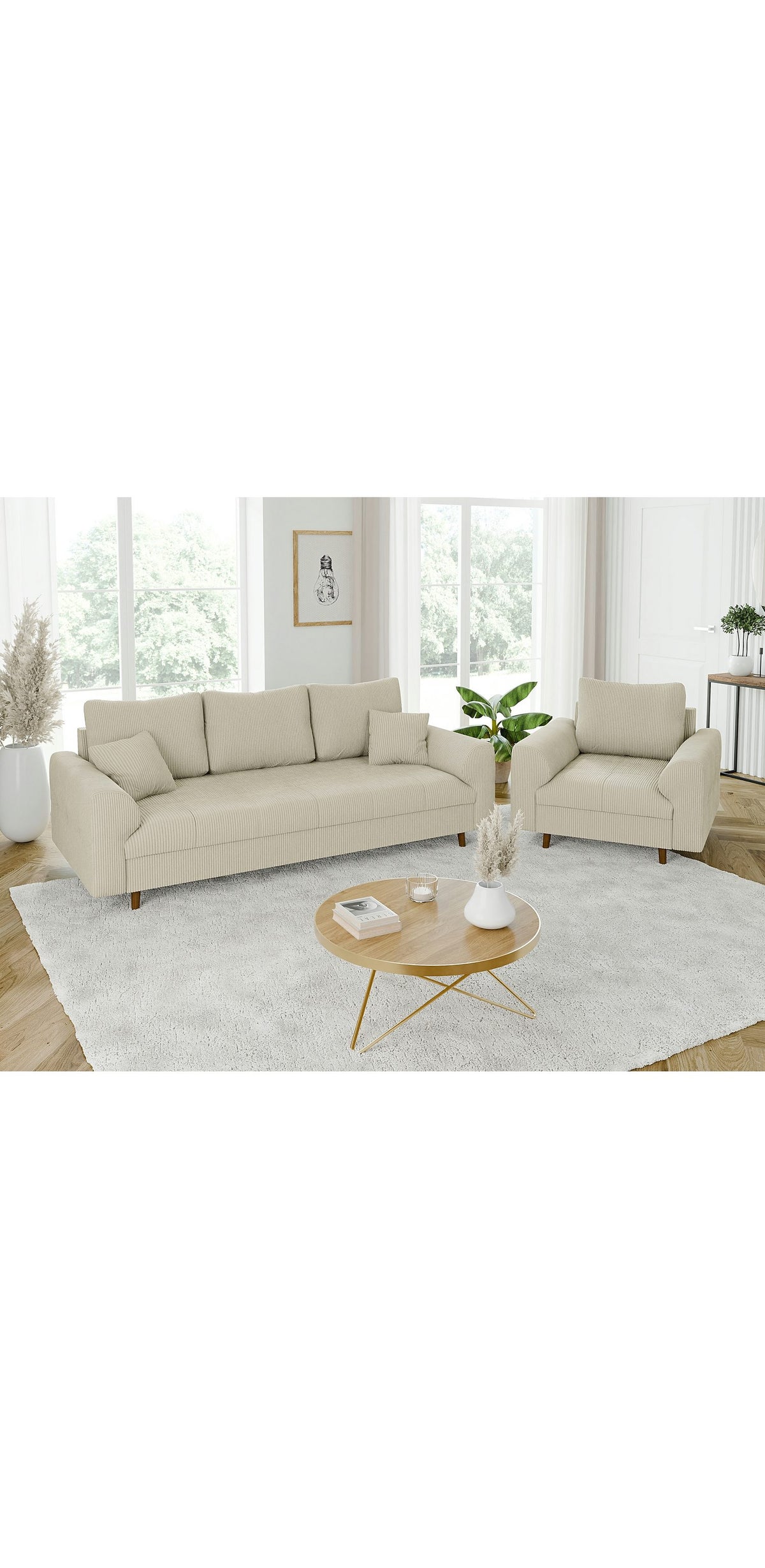 Beiges Cord Sofa ZARA mit Rückenkissen und Zierkissen