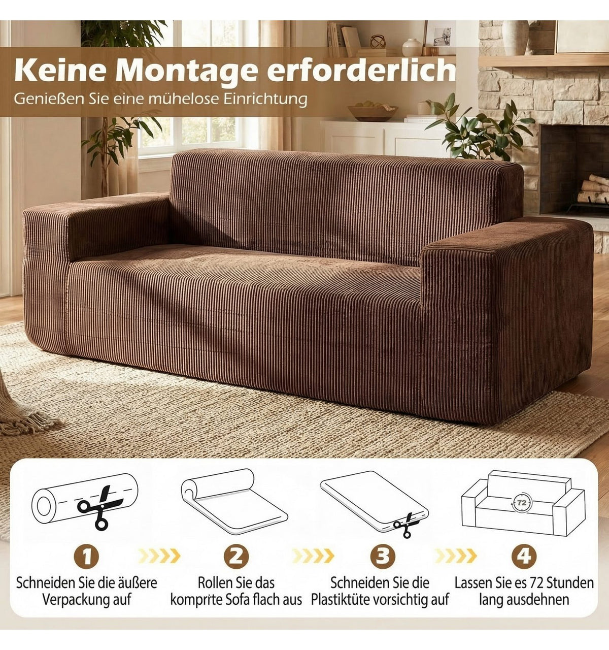 Corduroy-Stoff des braunen Bodensofas in der Nahaufnahme