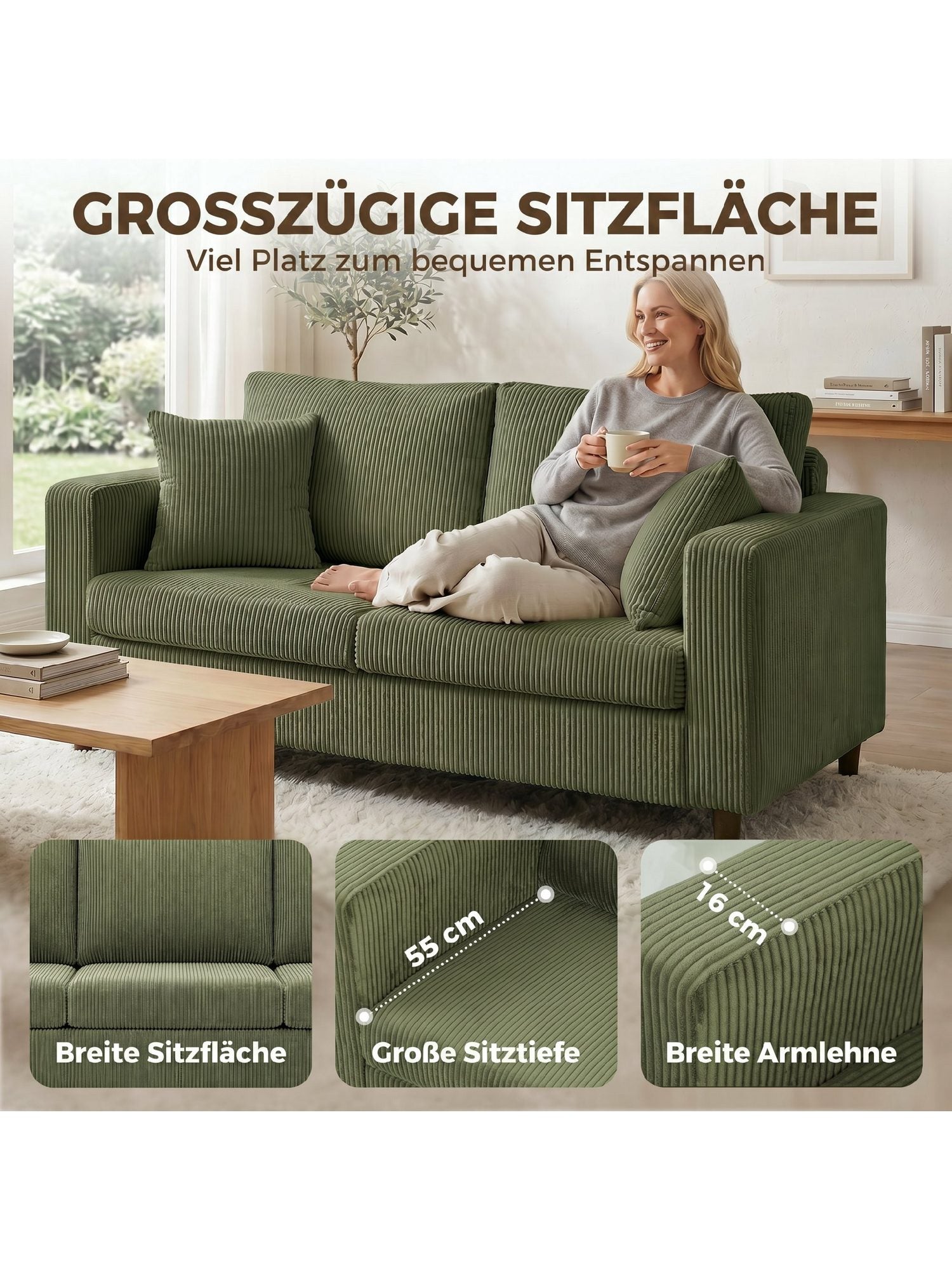 Nahaufnahme des grünen Cordbezugs mit Streifenoptik