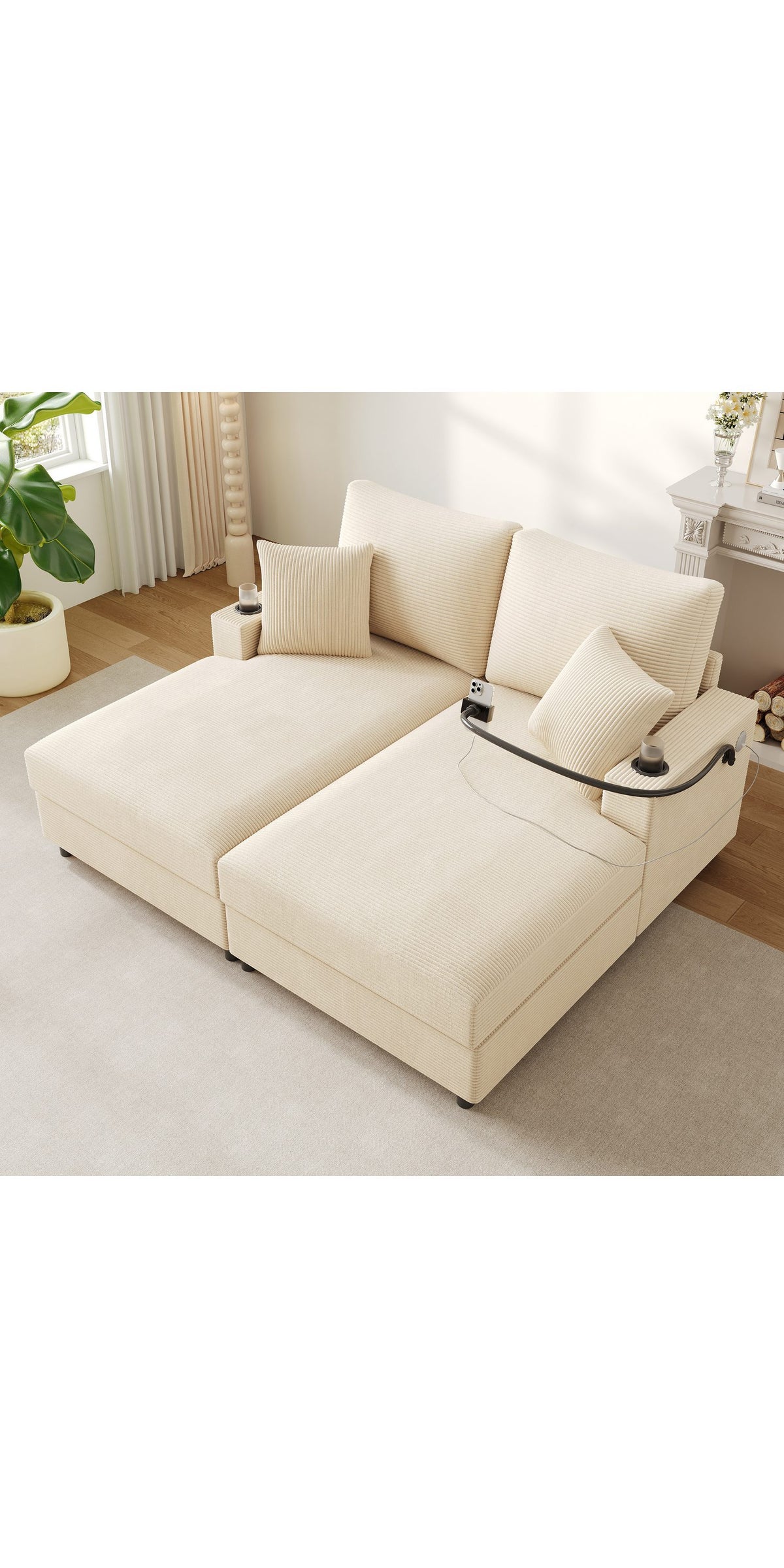 Cord Schlafsofa in Beige mit ausgeklappter Doppelliegefläche