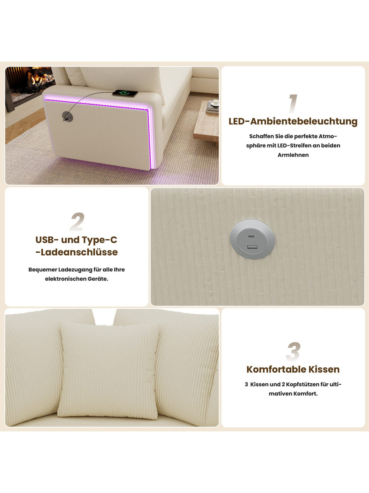 Cord Ecksofa mit beleuchteter Armlehne