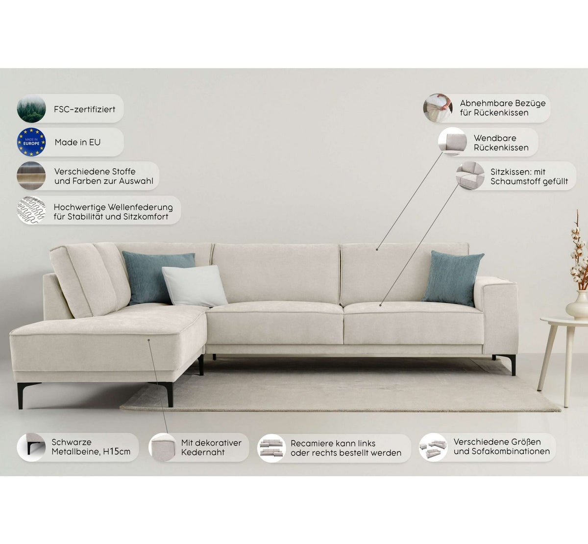 Cord Ecksofa OLAND in Hellgrau Produktbild 5
