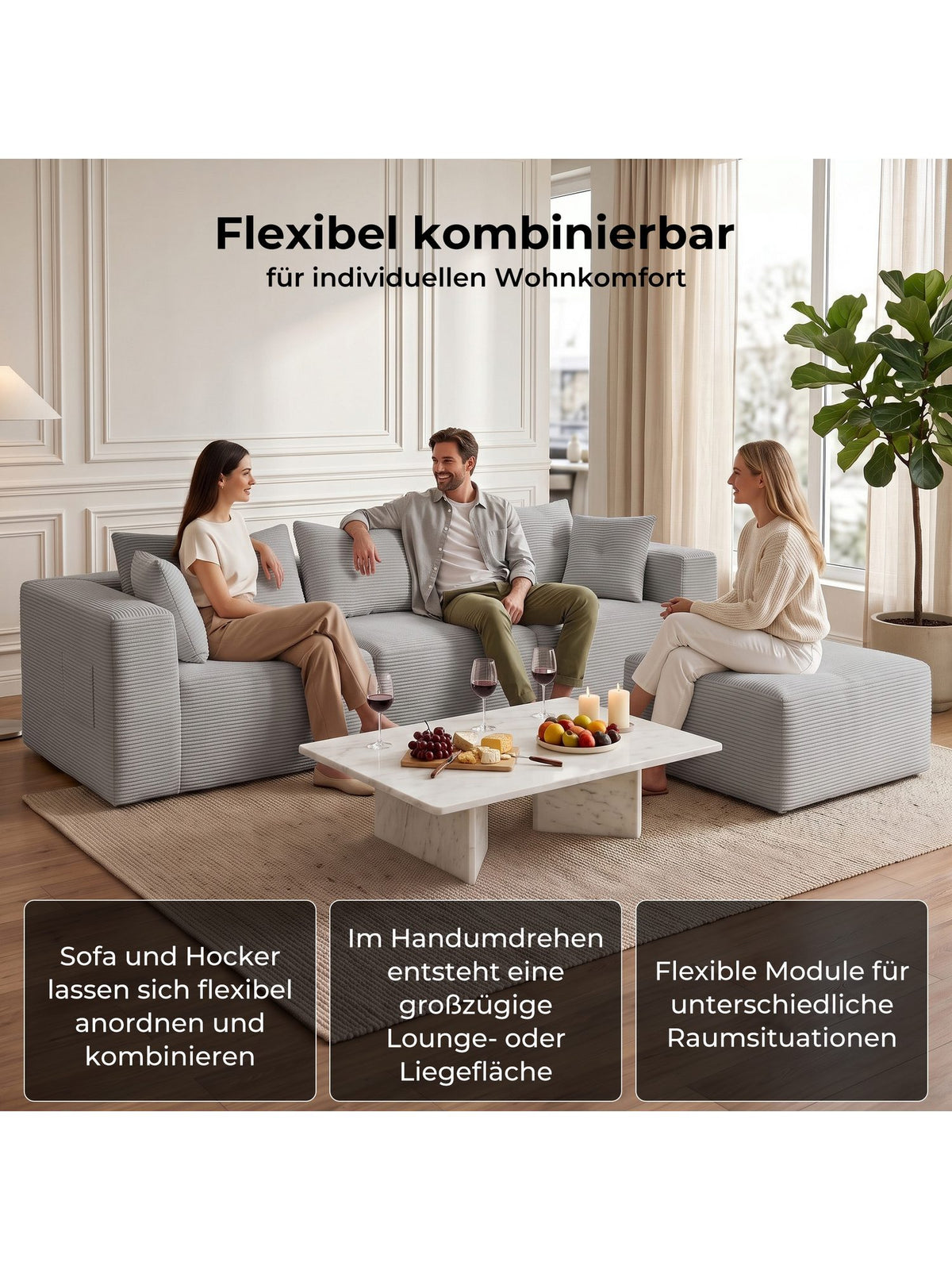 Cord Ecksofa mit Ottomane und Zierkissen in Grau