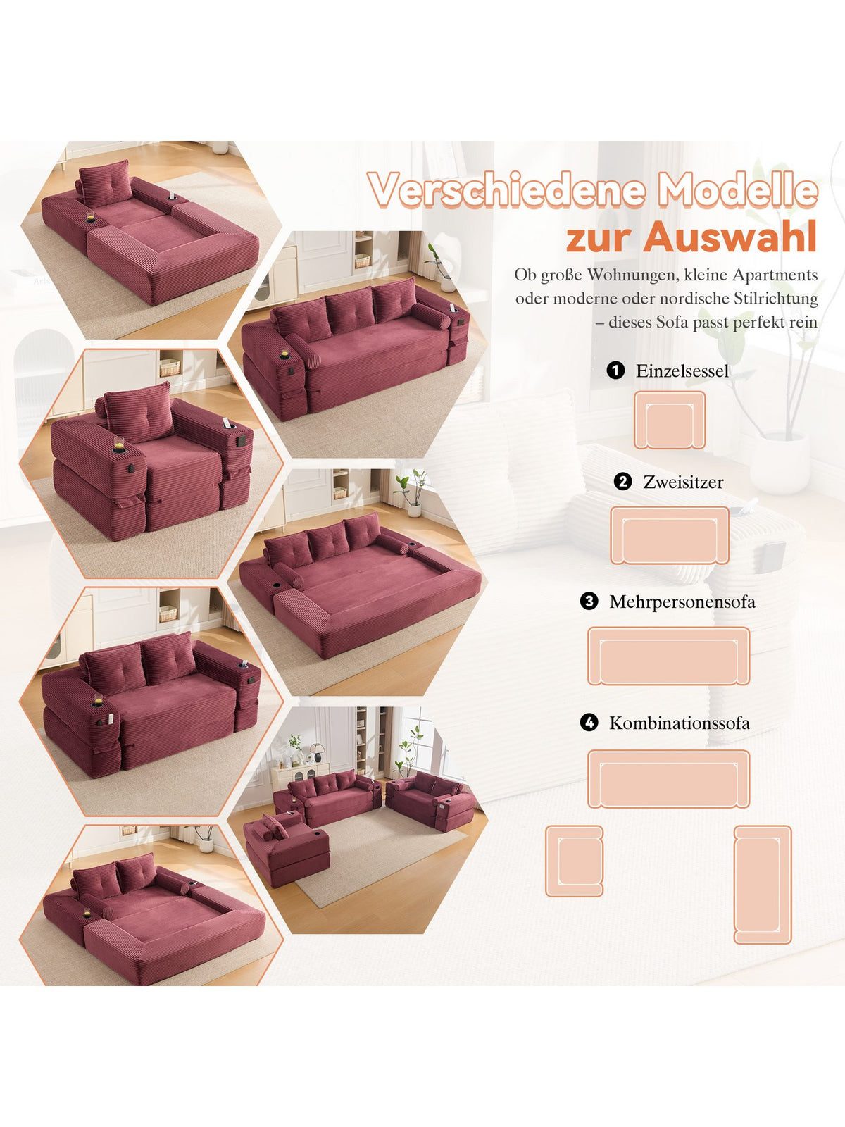 Cord Klappsofa CELYA im Wohnzimmer aufgestellt