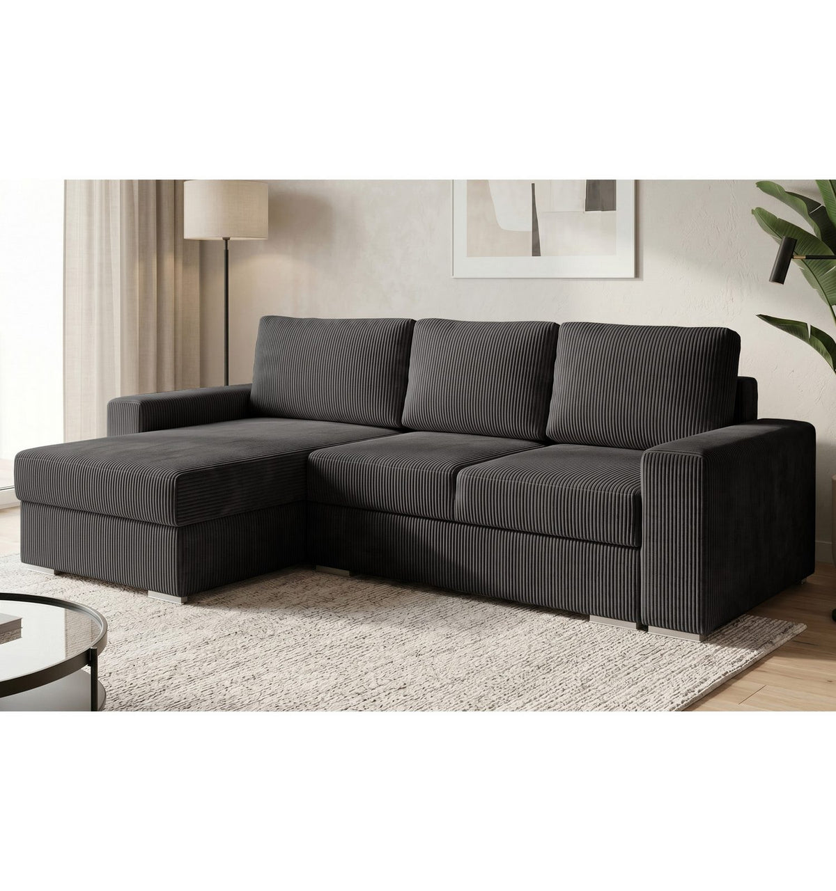 Cord Ecksofa CORD-L MINI in Anthrazit mit Ottomane und Schlaffunktion