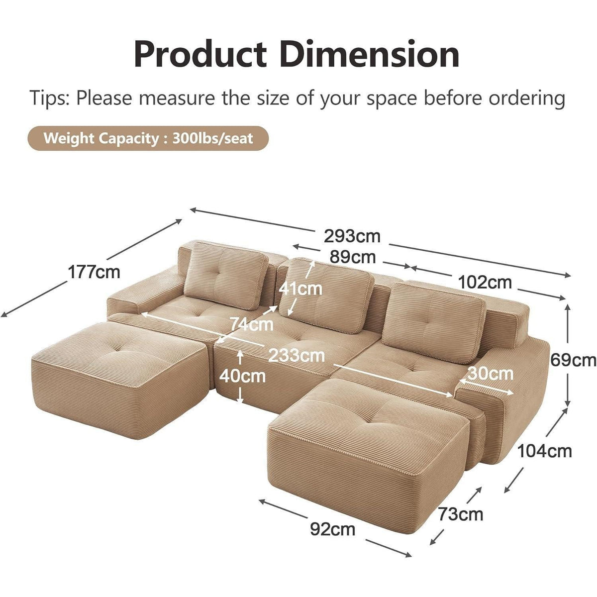 Modulare Cord Wohnlandschaft in Beige in U-Form