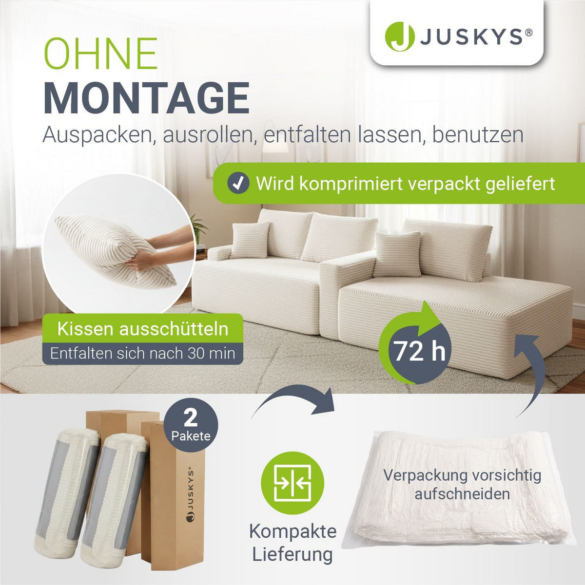 Detail des cremefarbenen Cordbezugs am Ecksofa COREDO