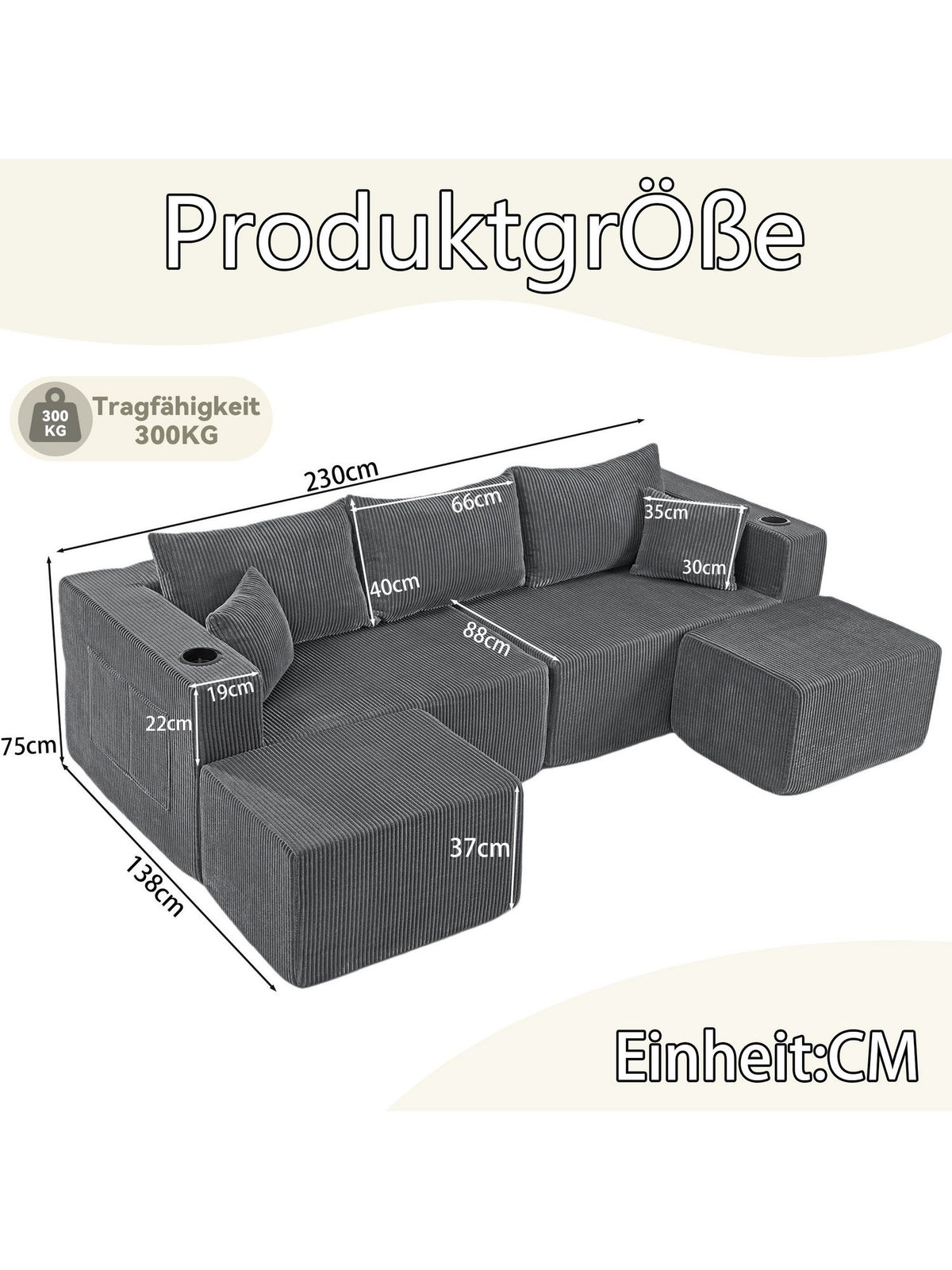 Modulares Cord Ecksofa in Grau im Wohnzimmer