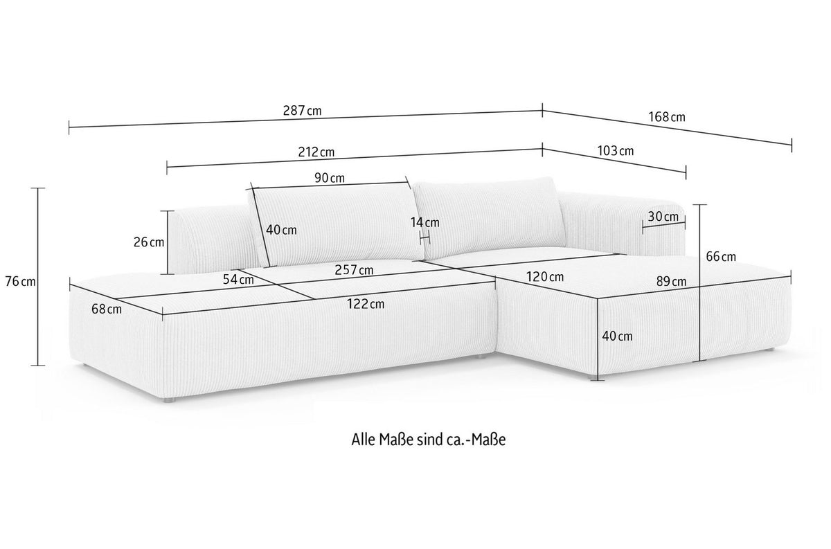 Cord Ecksofa TIARRA in Creme im Wohnzimmer aufgestellt