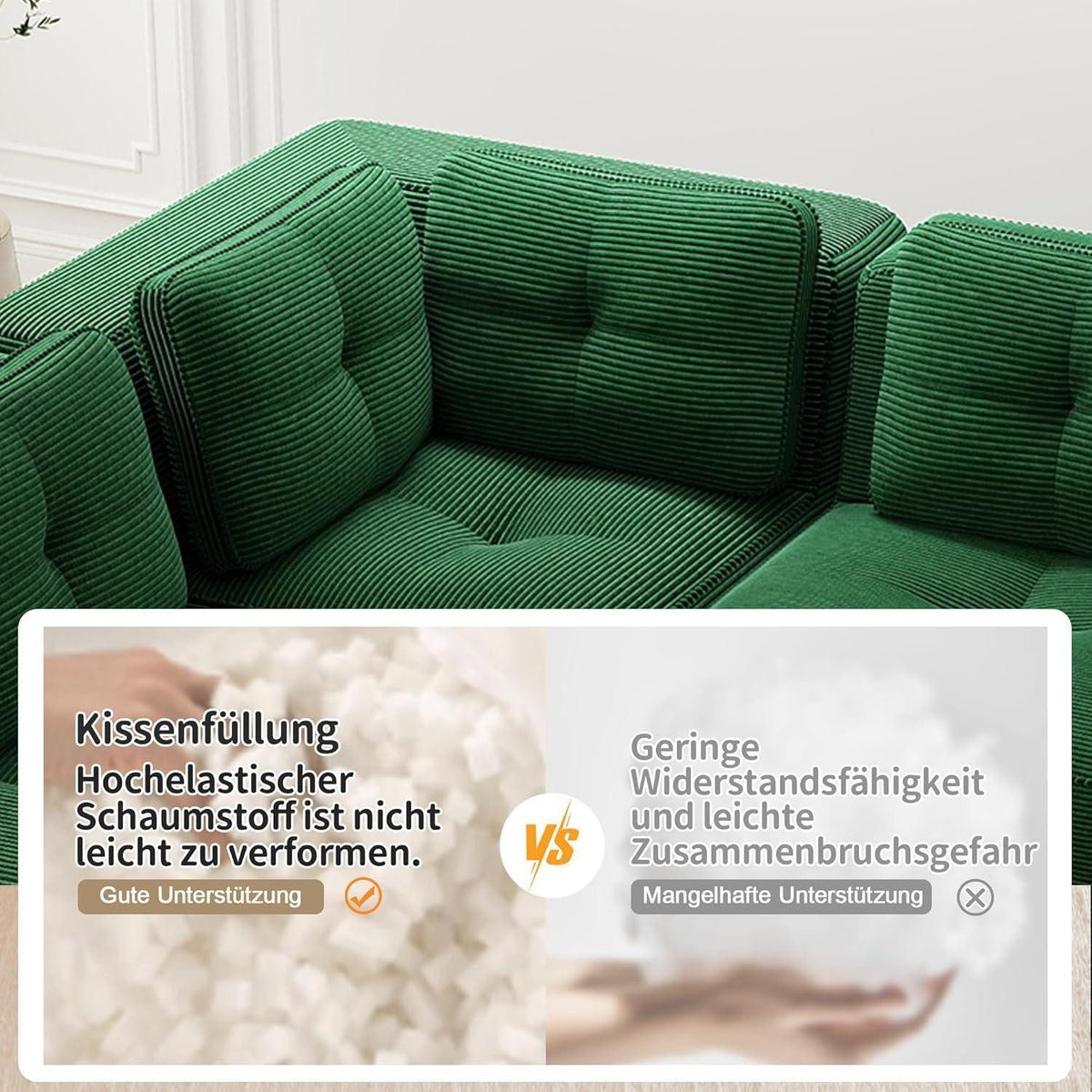 Tiefe Sitzfläche des grünen U-Ecksofas
