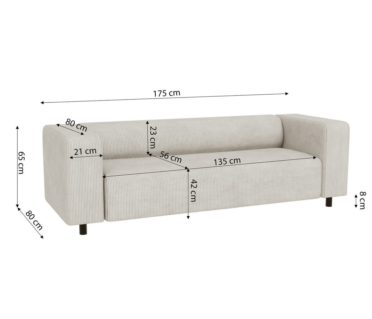 Cord Sofa GUSTAV in Beige Seitenansicht mit Armlehne