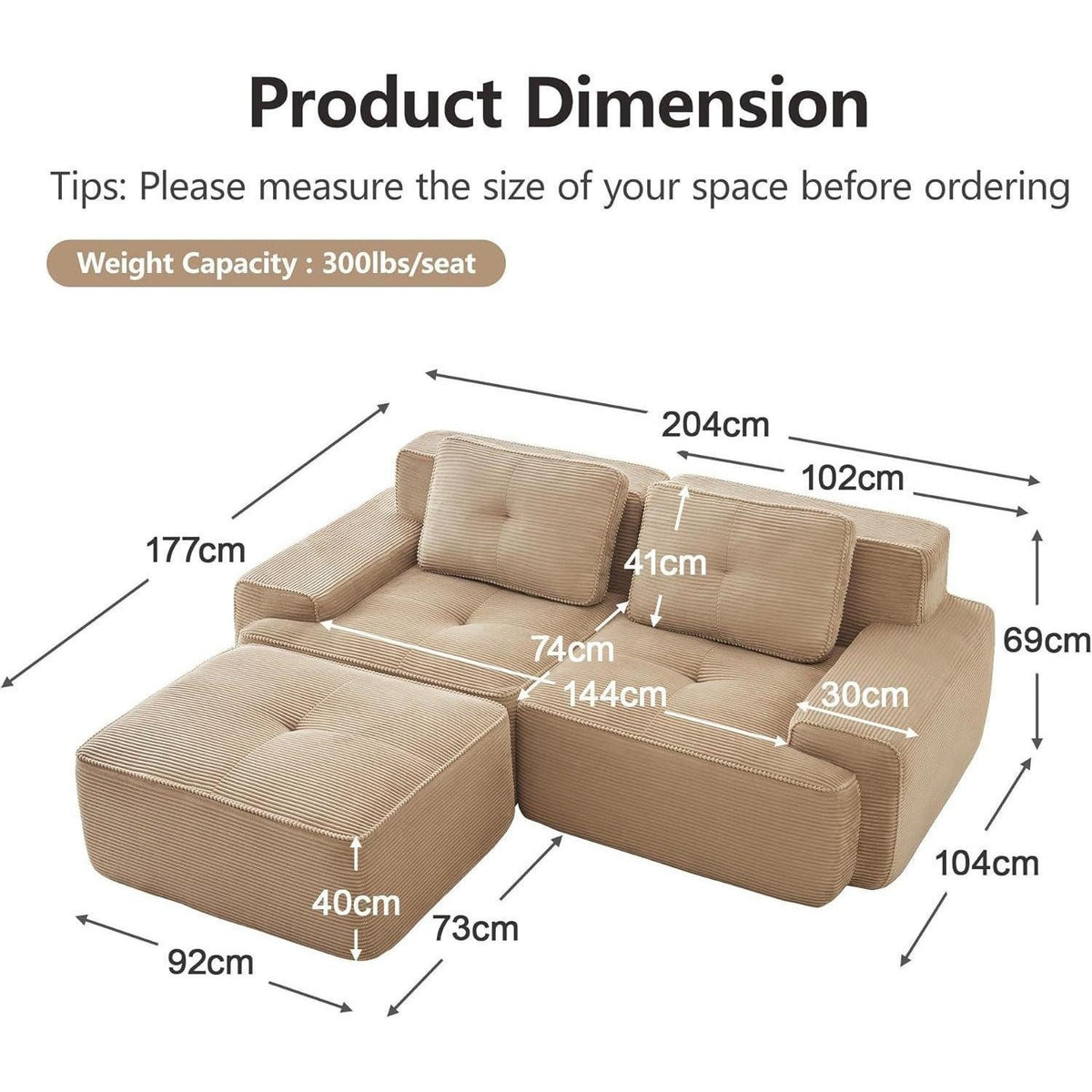 Modulares Cord Ecksofa in Beige von der Seite
