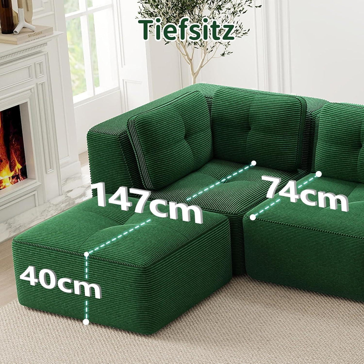 Seitenansicht des grünen Cord Ecksofas mit Ottoman