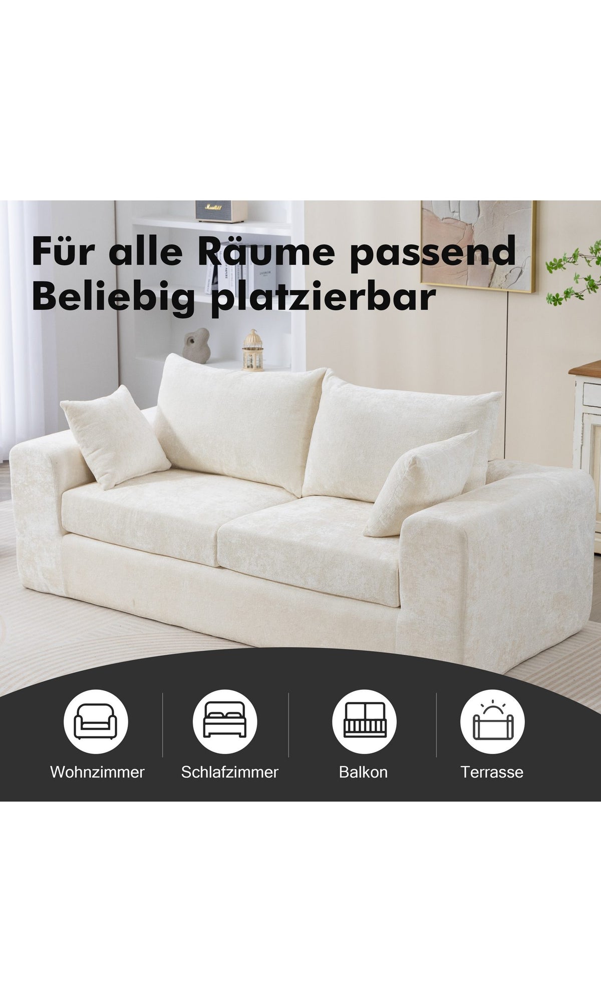 Beiges Cord Sofa mit losen Rückenkissen von vorne