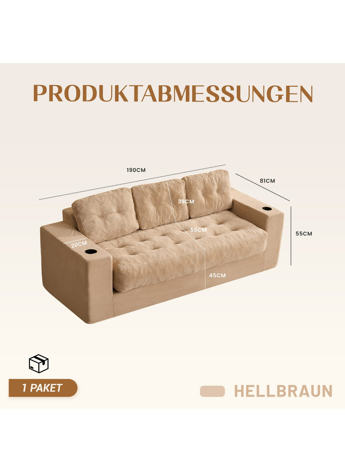 Modulares Cord Bodensofa in Hellbraun von vorne