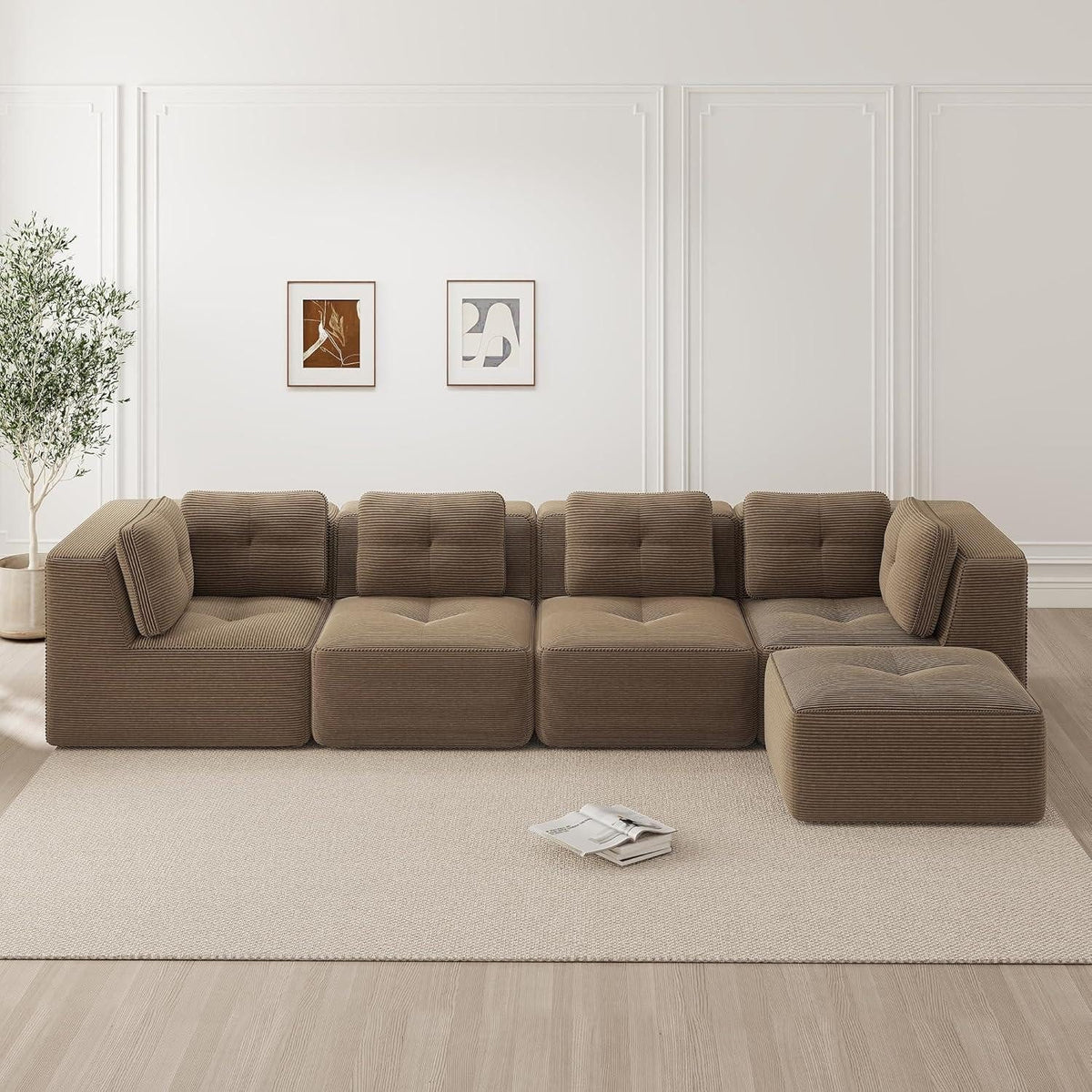 Braunes Cord Ecksofa mit tiefer Sitzfläche von der Seite