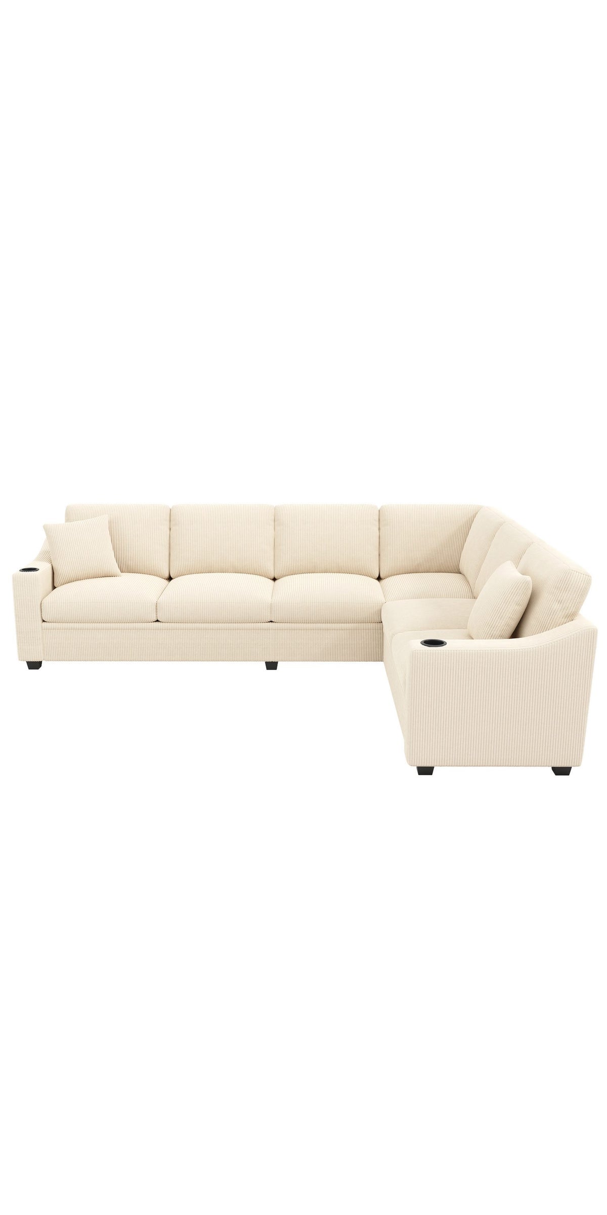 Seitenansicht des beigen Cord Ecksofas