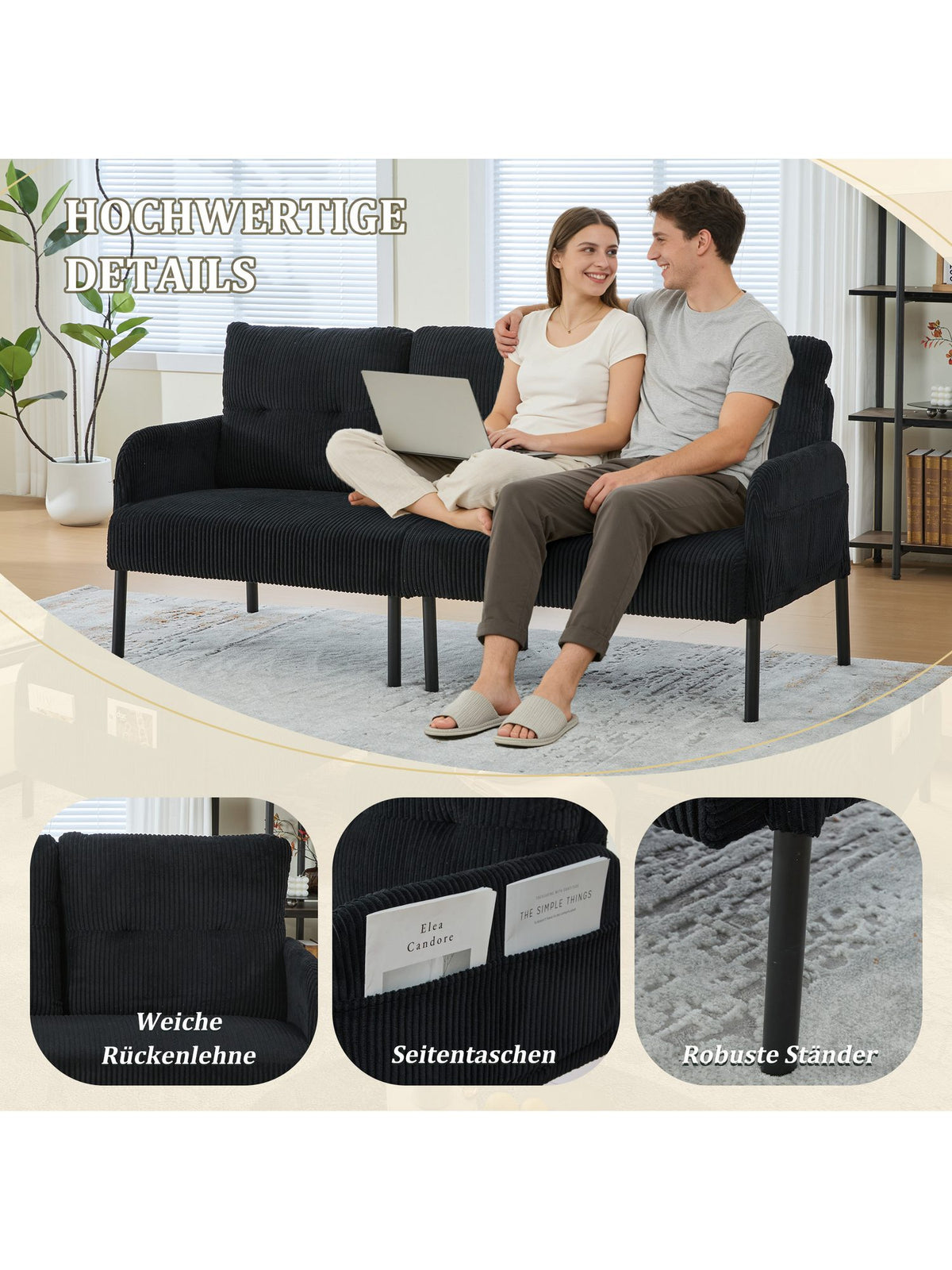Cord Sofa ODIKALO in Schwarz von der Seite