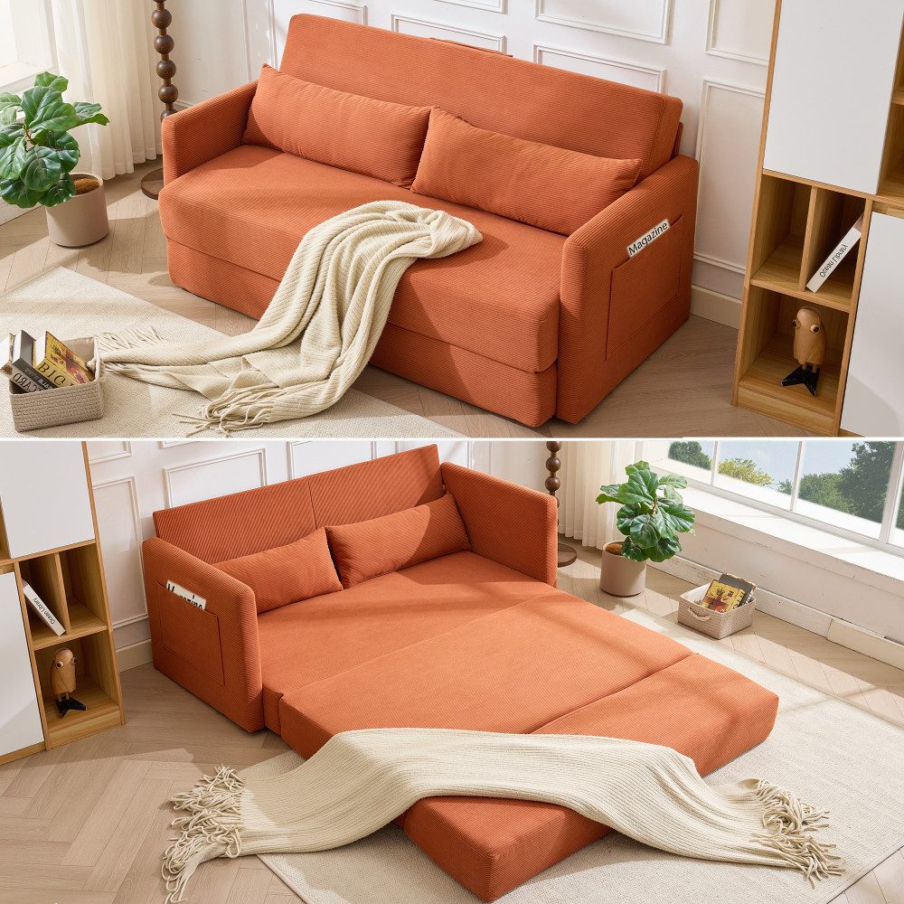 Cord Schlafsofa BBWL in Orange Detailansicht des Cordbezugs