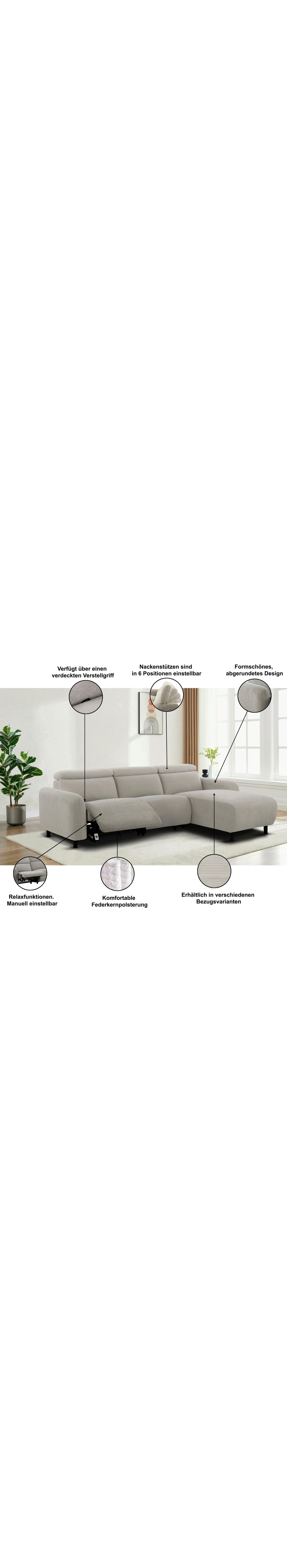 Cord Ecksofa SKAANE mit geöffneter Relaxfunktion