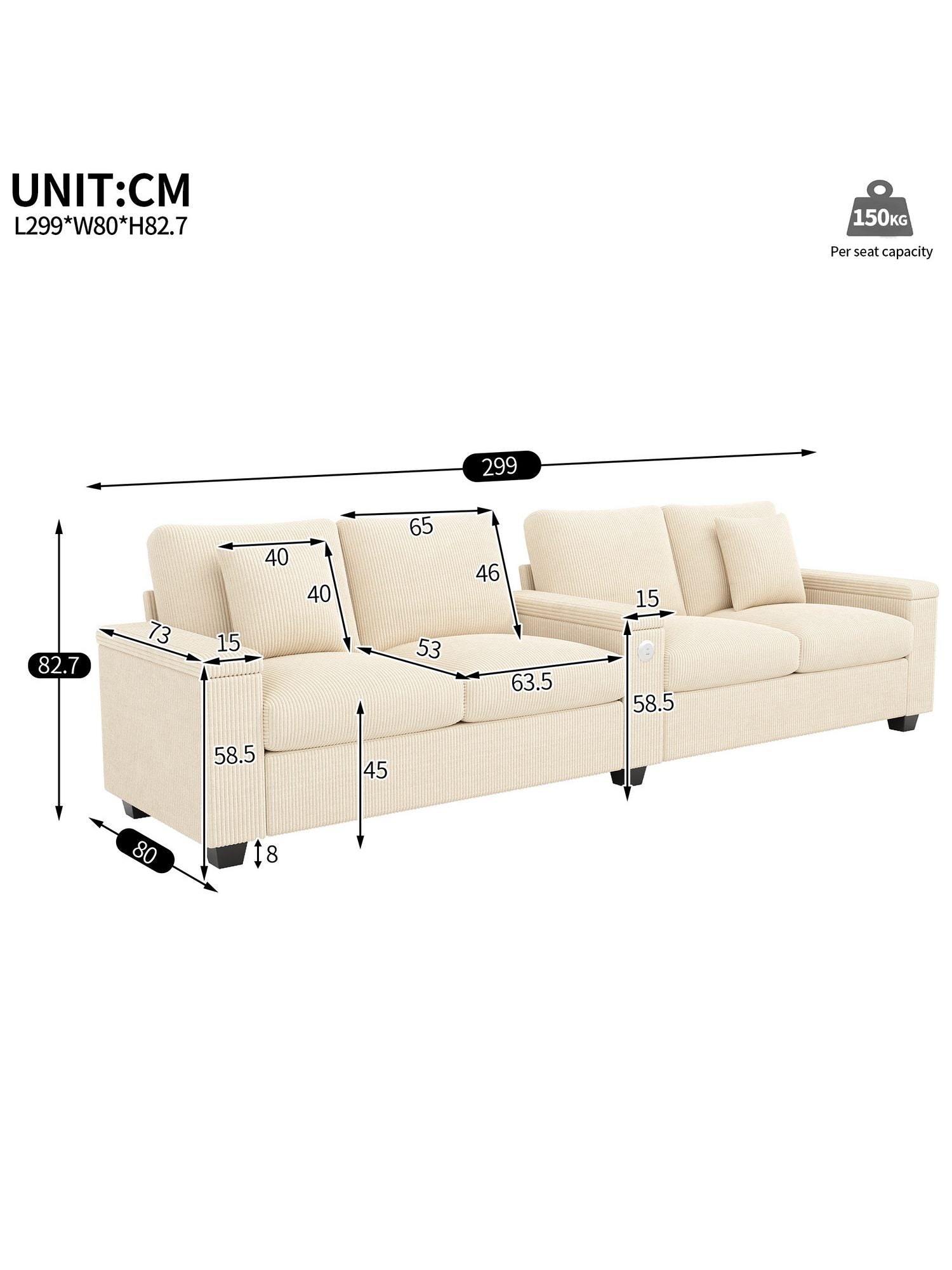 Stauraum unter der Armlehne des Cord Sofas