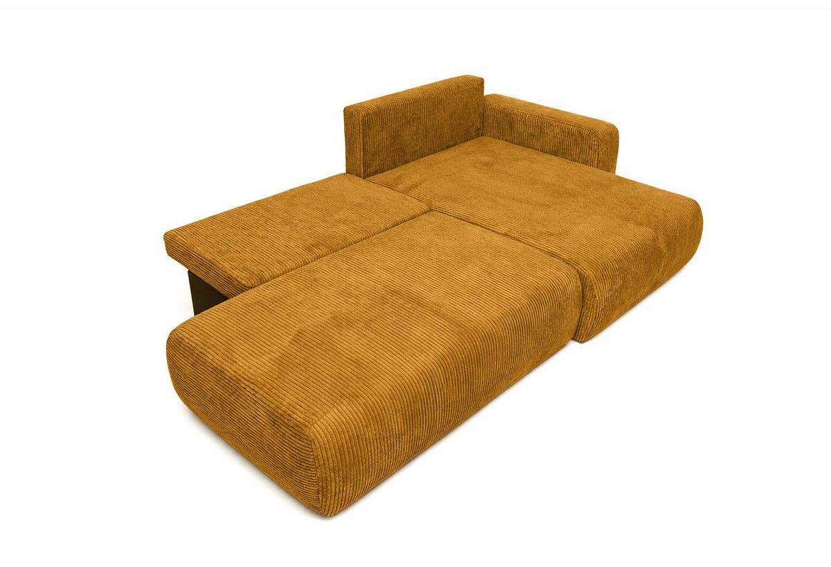 Bettkasten des Cord Ecksofas OPEN XL geöffnet