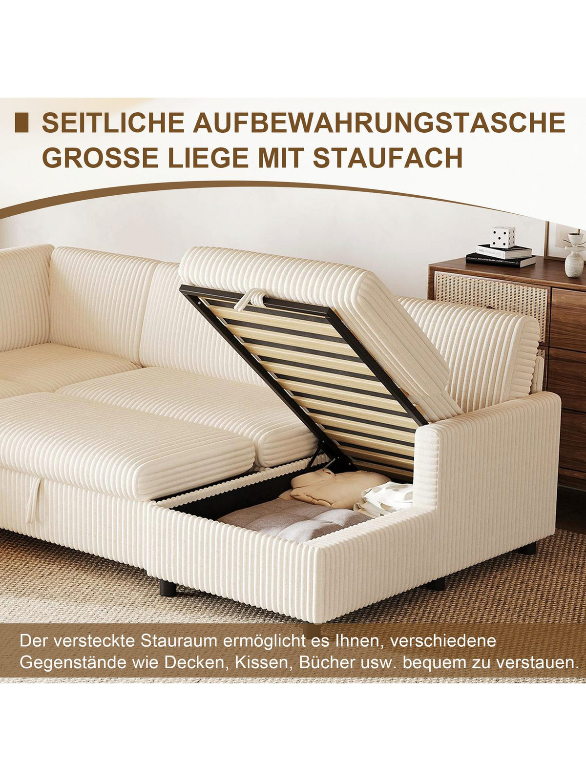 U-förmiges Cord Sofa in Beige im Wohnzimmer