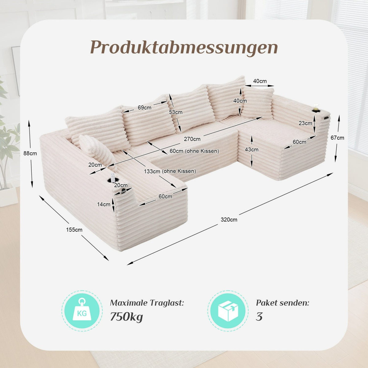 Integrierter Getränkehalter in der Armlehne des Cord Sofas