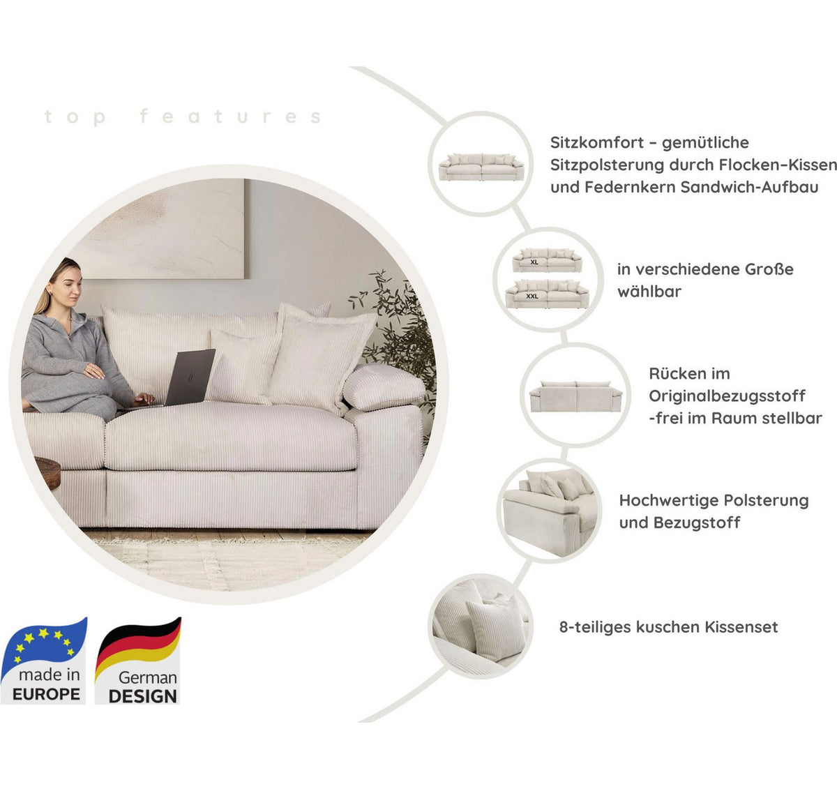 Detail der losen Sitzkissen des Big Sofas