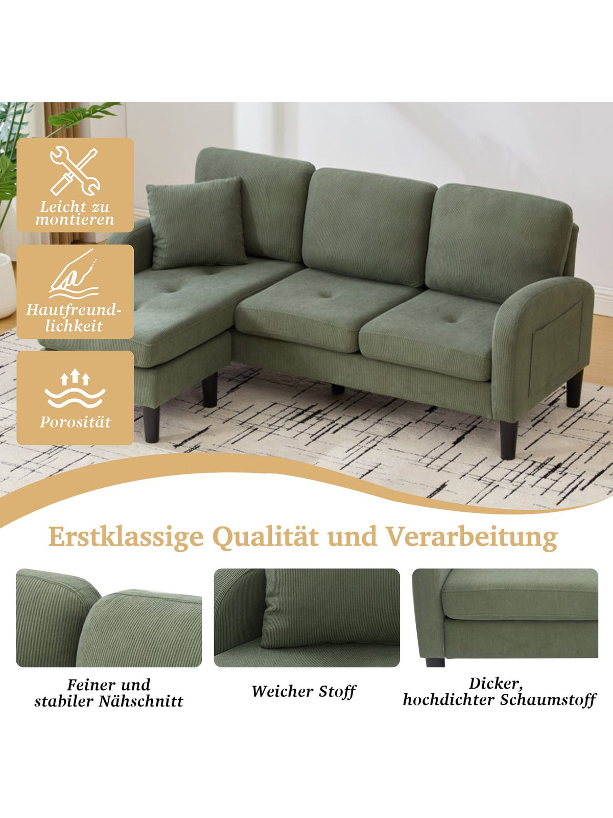 Seitenansicht des L-förmigen Cord Ecksofas in Grün