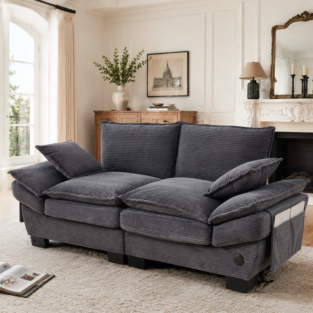 Modulares Cordsofa mit Seitentasche und USB-C-Anschluss