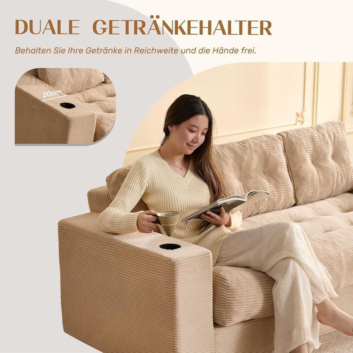 Integrierter Getränkehalter am Cord Bodensofa