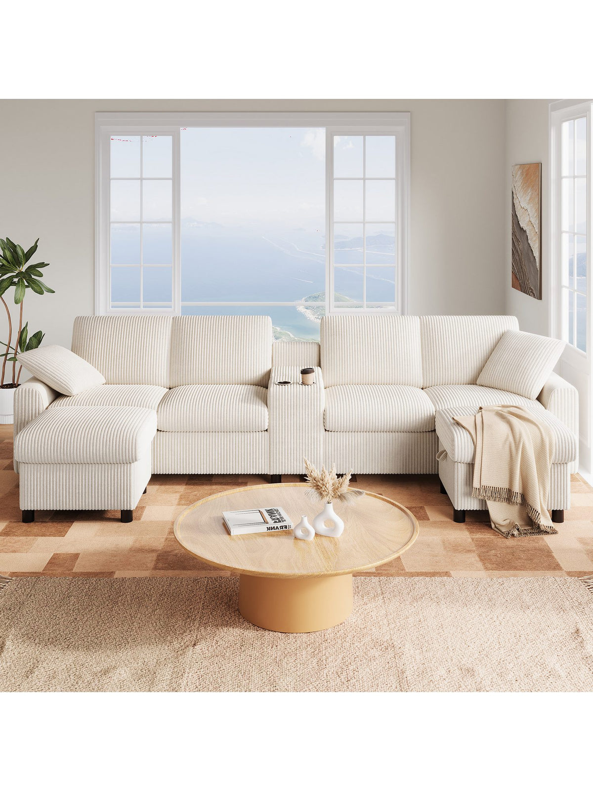 Beiges Cord Sofa in U-Form mit zwei Fusshockern