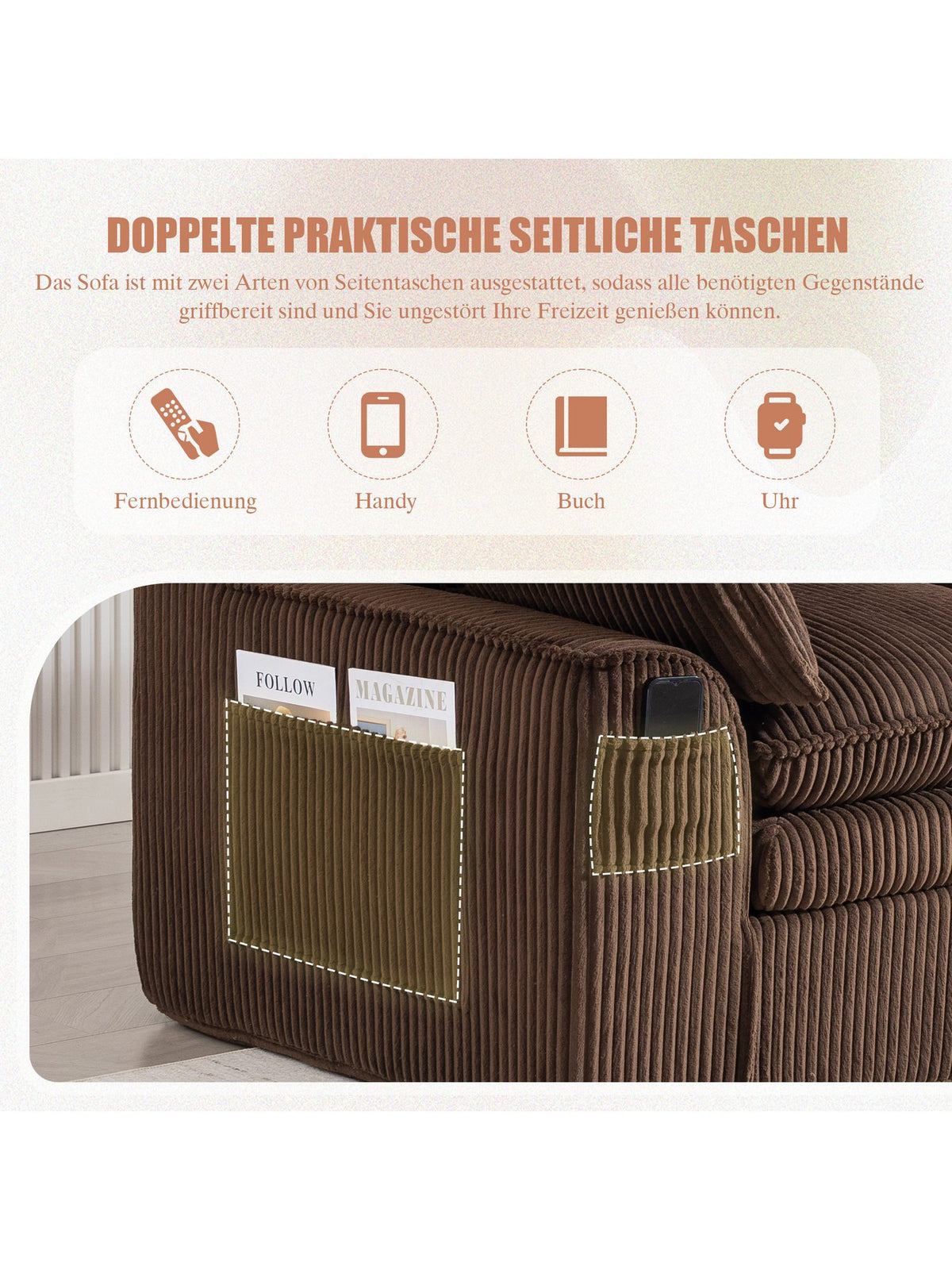 Cordsofa in Braun mit Hocker als L-Form kombiniert