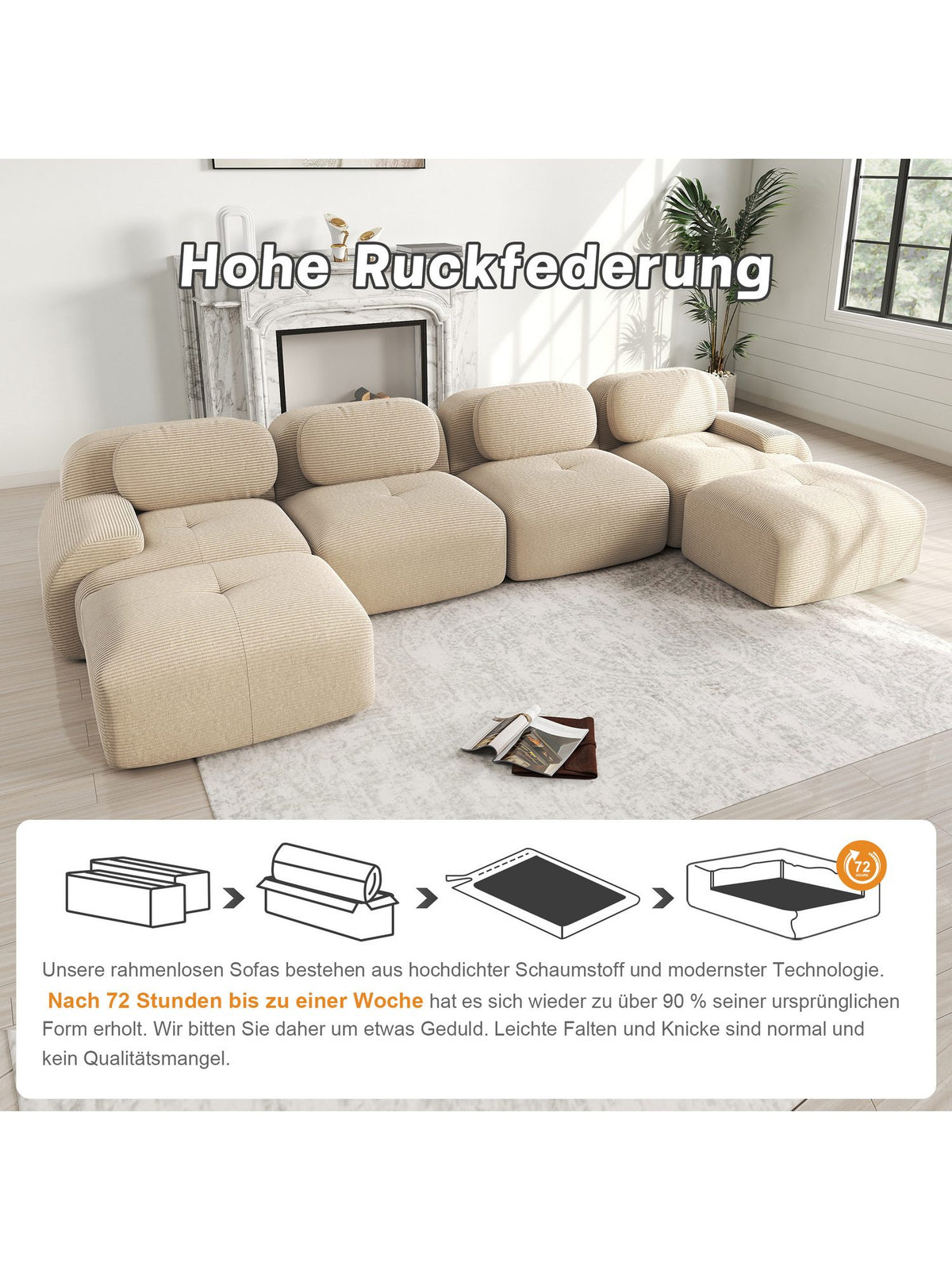 Beige Cord Wohnlandschaft seitliche Ansicht