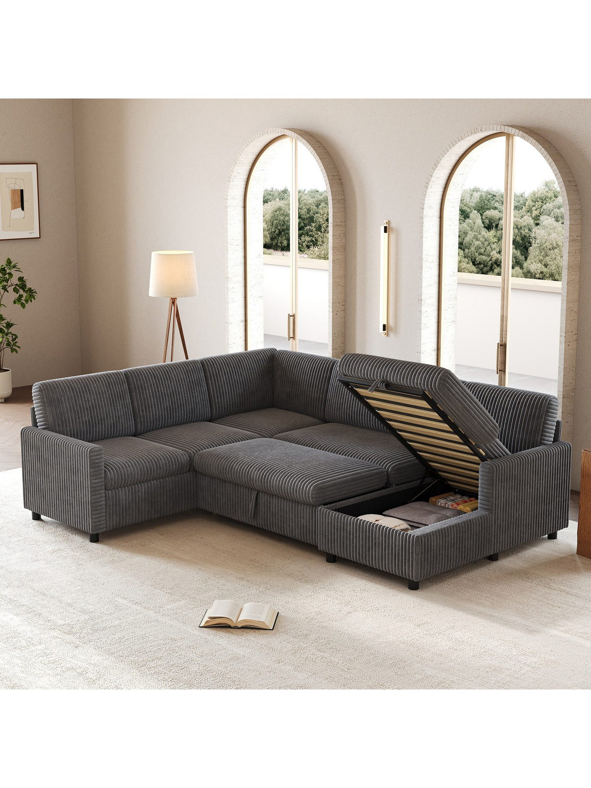 Chaiselongue mit Stauraum des grauen Cord Sofas