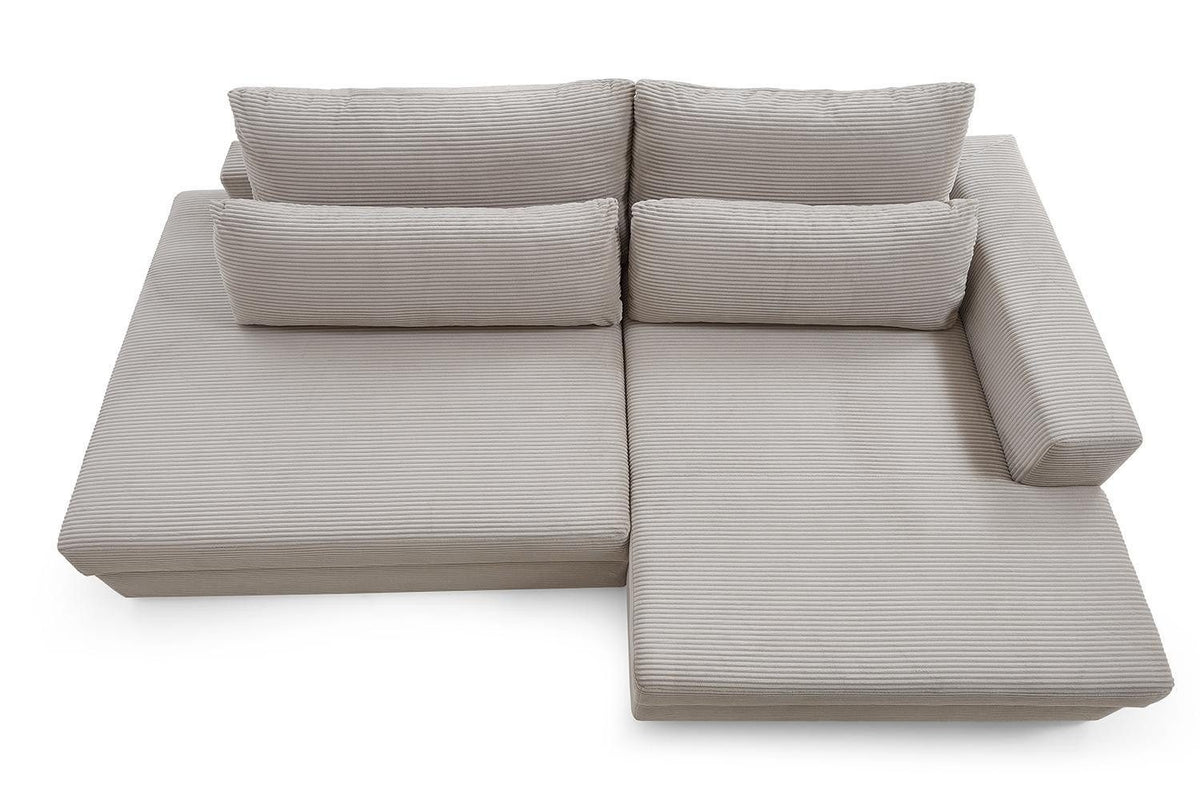Detailansicht des Cordbezugs in Greige am Ecksofa SPLASH